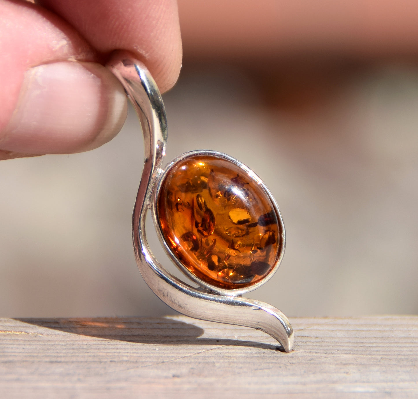 Elegant Cognac Natural Amber and 925 Sterling Silver Pendant, MJ Baltica, BW173