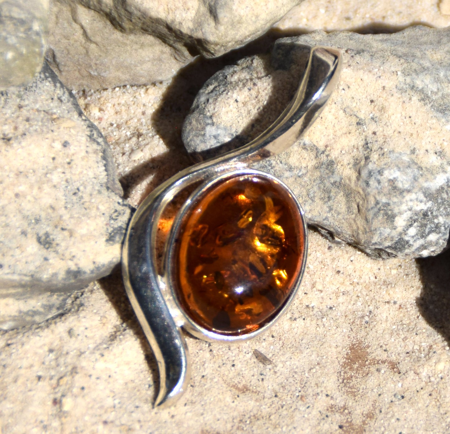 Elegant Cognac Natural Amber and 925 Sterling Silver Pendant, MJ Baltica, BW173