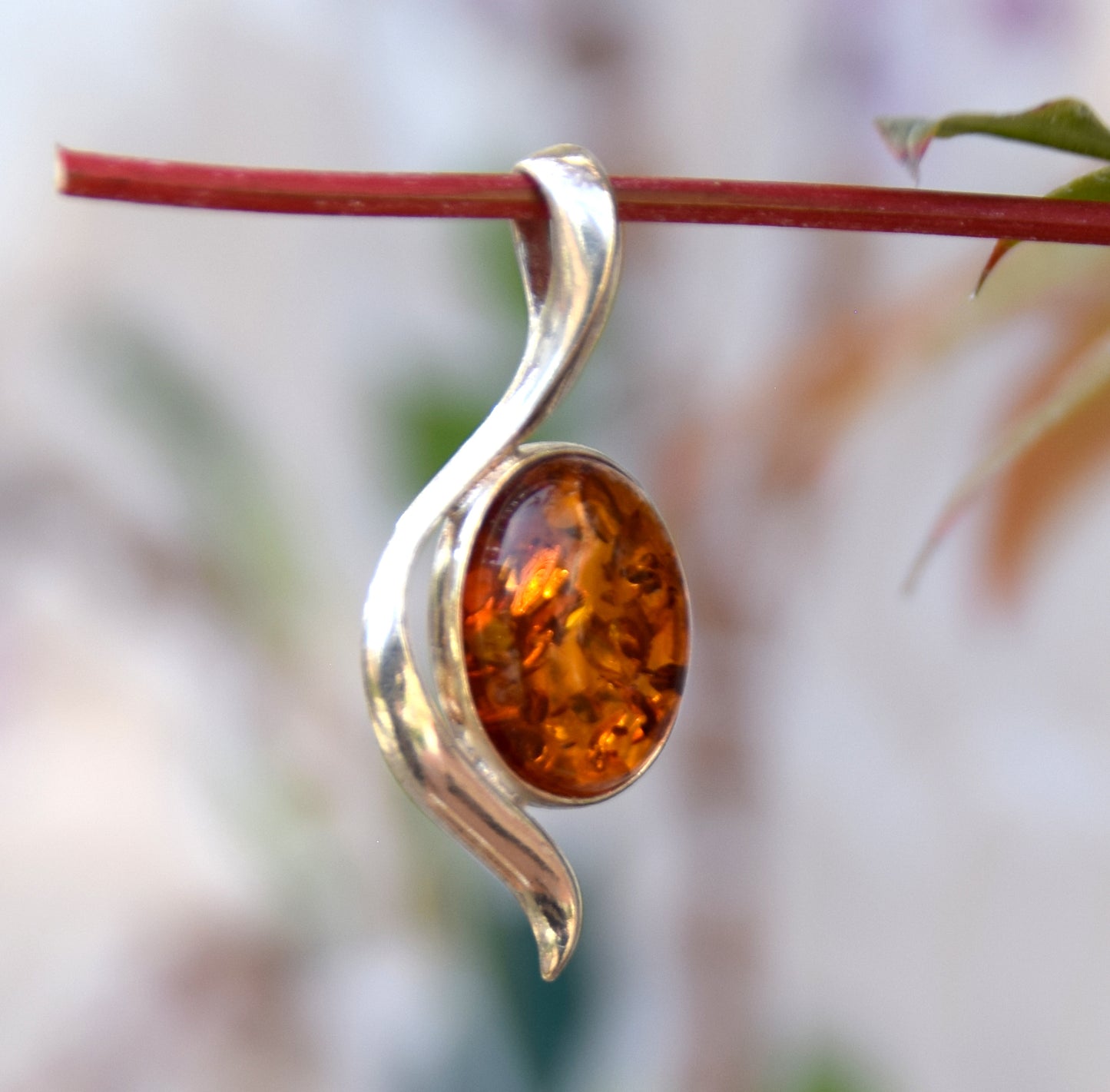 Elegant Cognac Natural Amber and 925 Sterling Silver Pendant, MJ Baltica, BW173