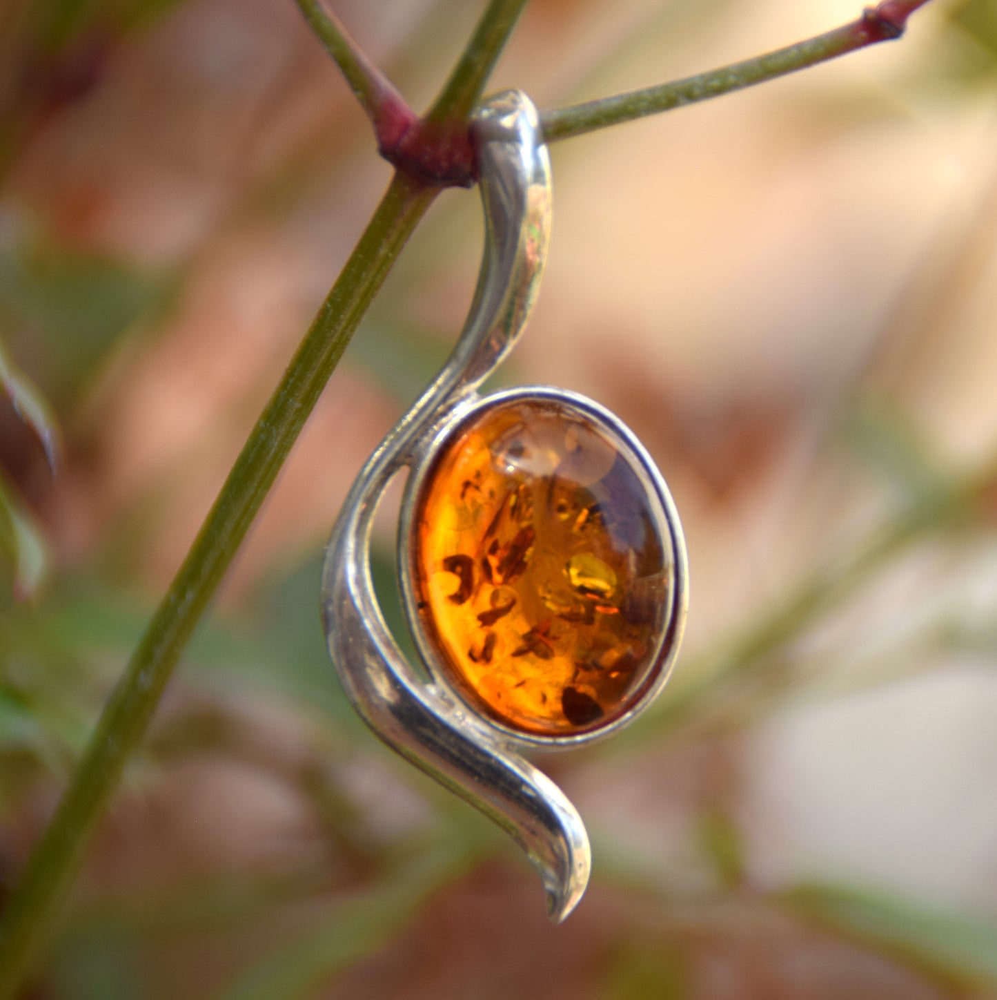Elegant Cognac Natural Amber and 925 Sterling Silver Pendant, MJ Baltica, BW173