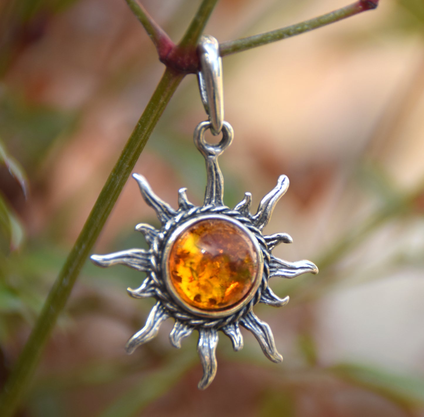 Cognac natural amber sun pendant and burnished 925 silver, MJ Baltica, BW174