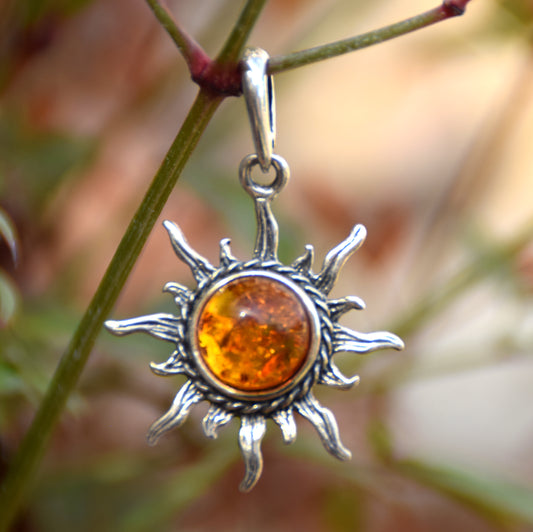 Cognac natural amber sun pendant and burnished 925 silver, MJ Baltica, BW174