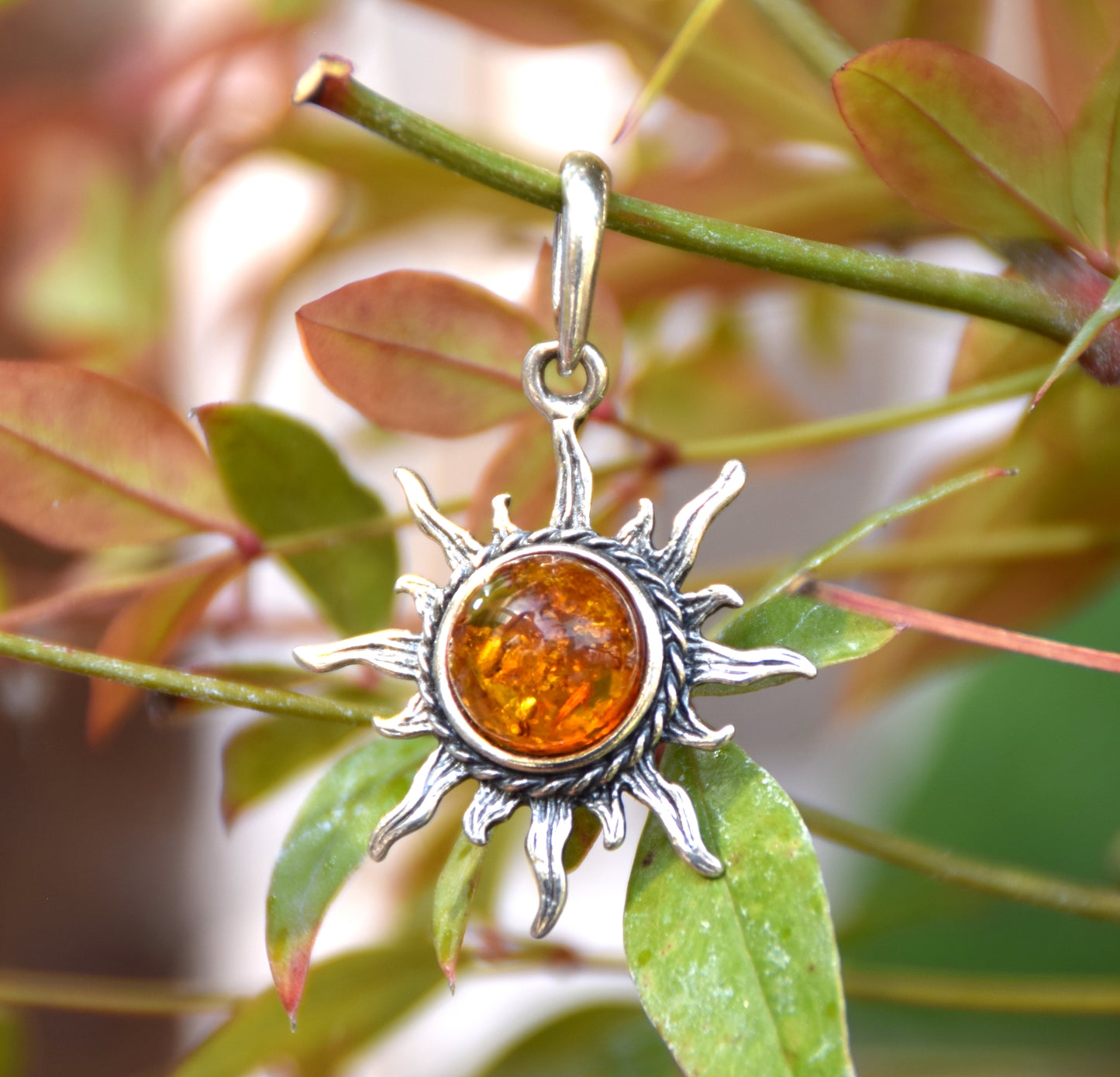 Cognac natural amber sun pendant and burnished 925 silver, MJ Baltica, BW174