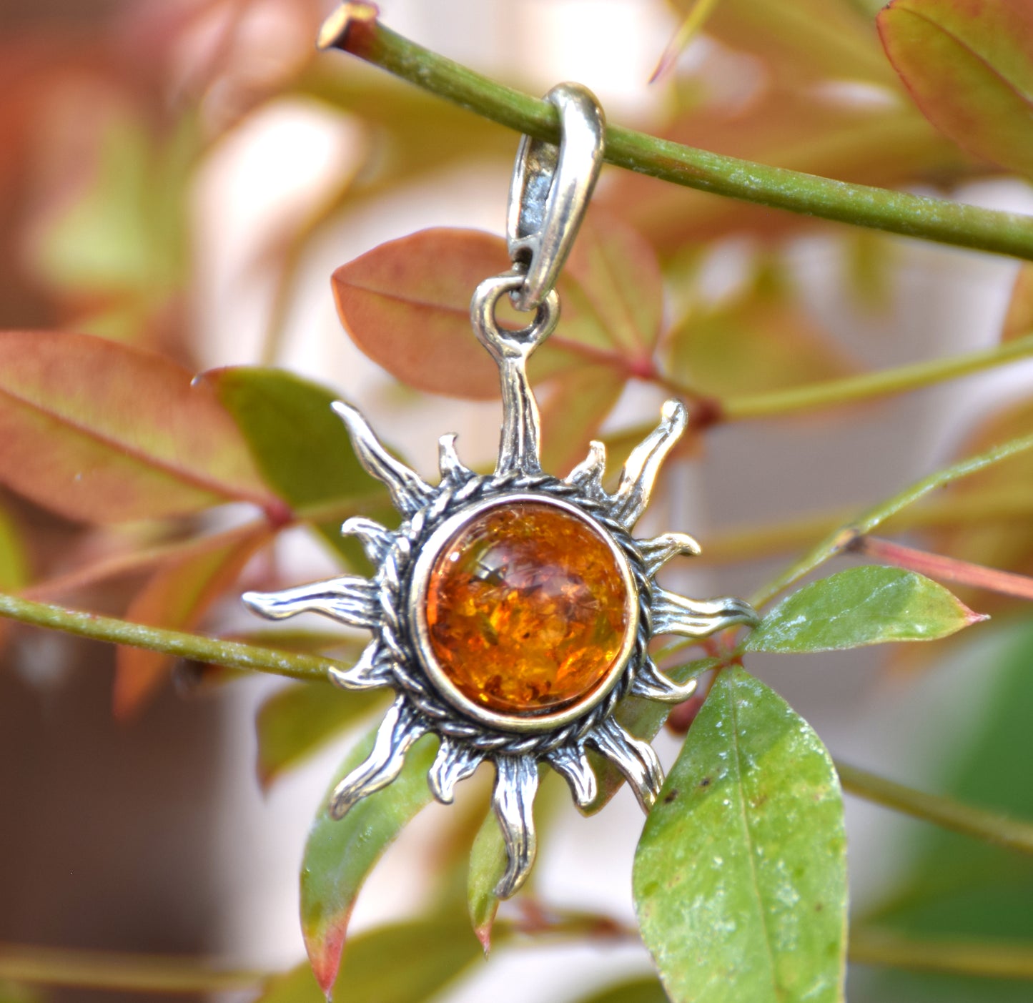 Cognac natural amber sun pendant and burnished 925 silver, MJ Baltica, BW174