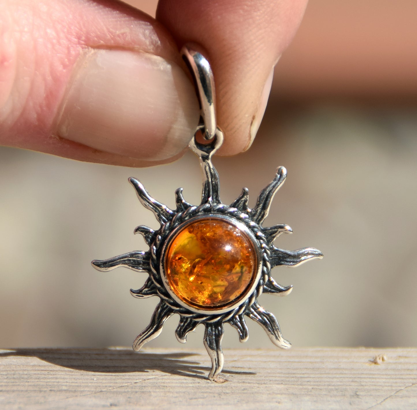 Cognac natural amber sun pendant and burnished 925 silver, MJ Baltica, BW174