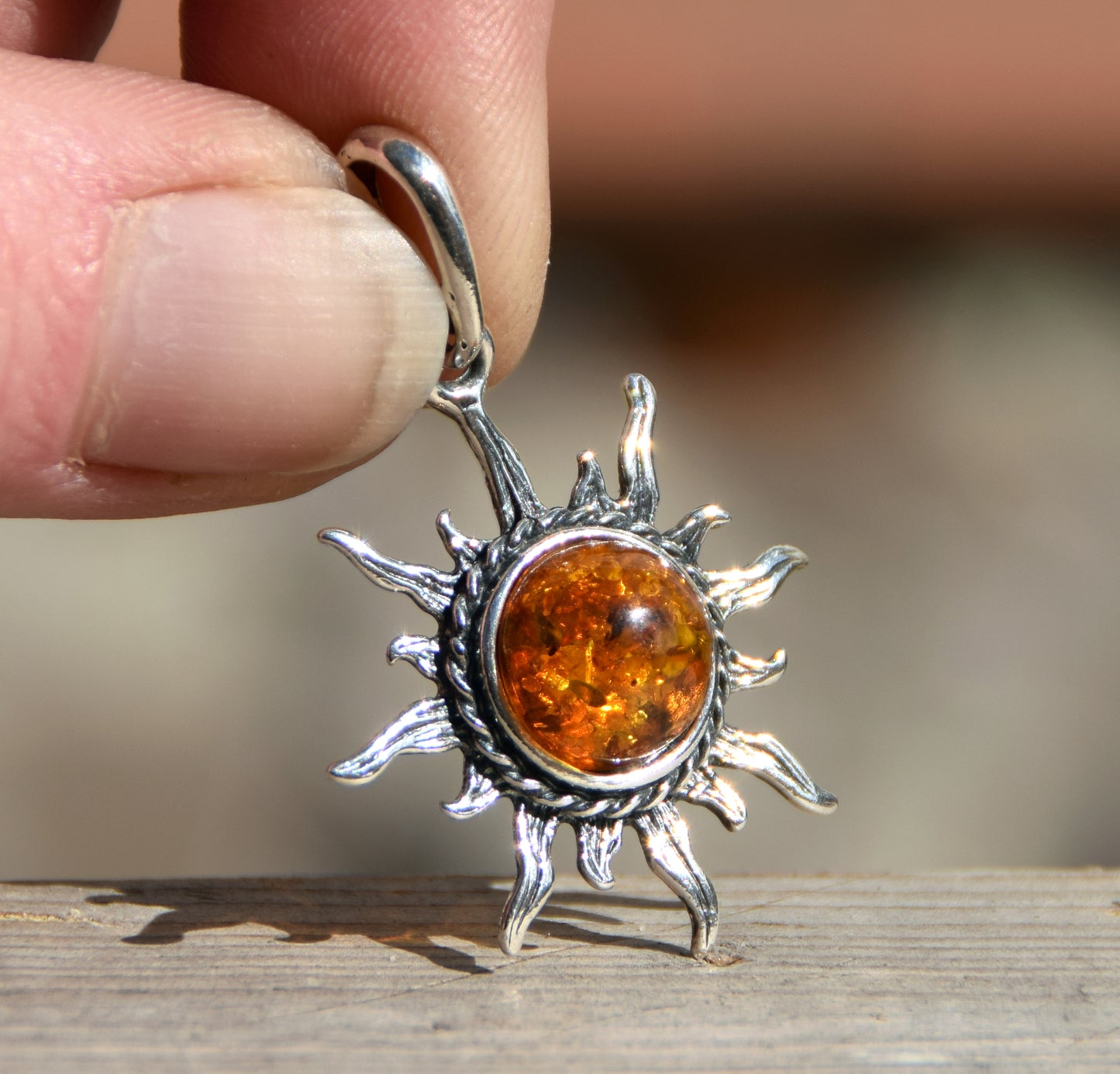 Cognac natural amber sun pendant and burnished 925 silver, MJ Baltica, BW174