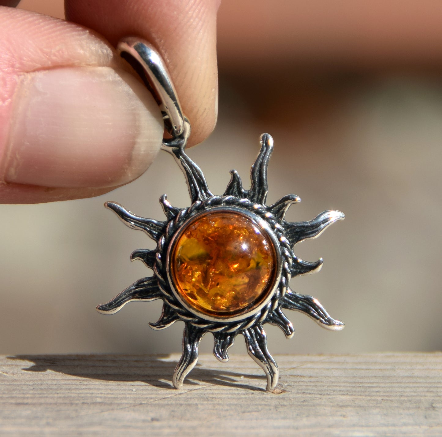 Cognac natural amber sun pendant and burnished 925 silver, MJ Baltica, BW174