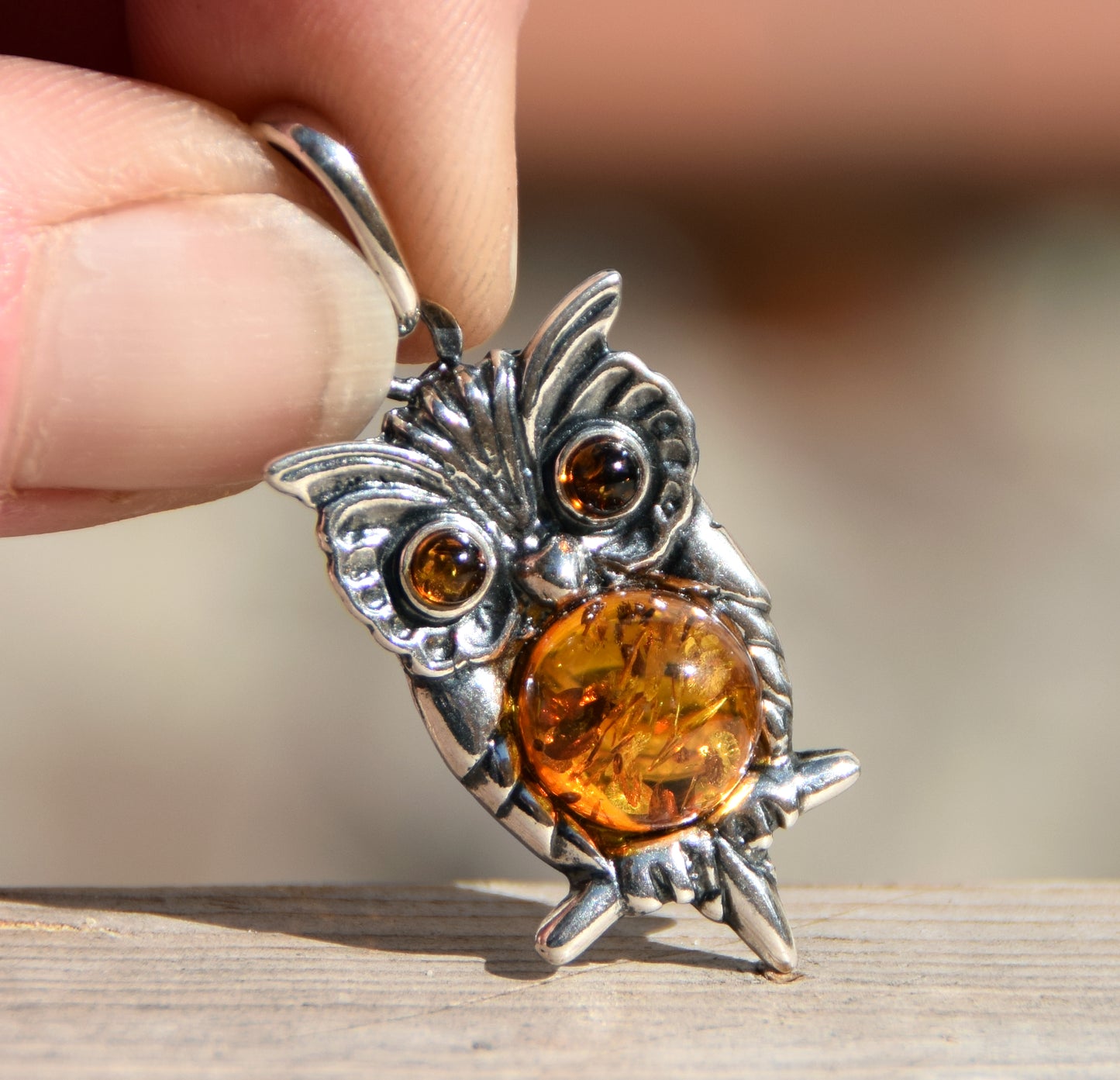 Lucky owl pendant in cognac-colored natural Amber and 925 Sterling Silver, MJ Baltica, BW177