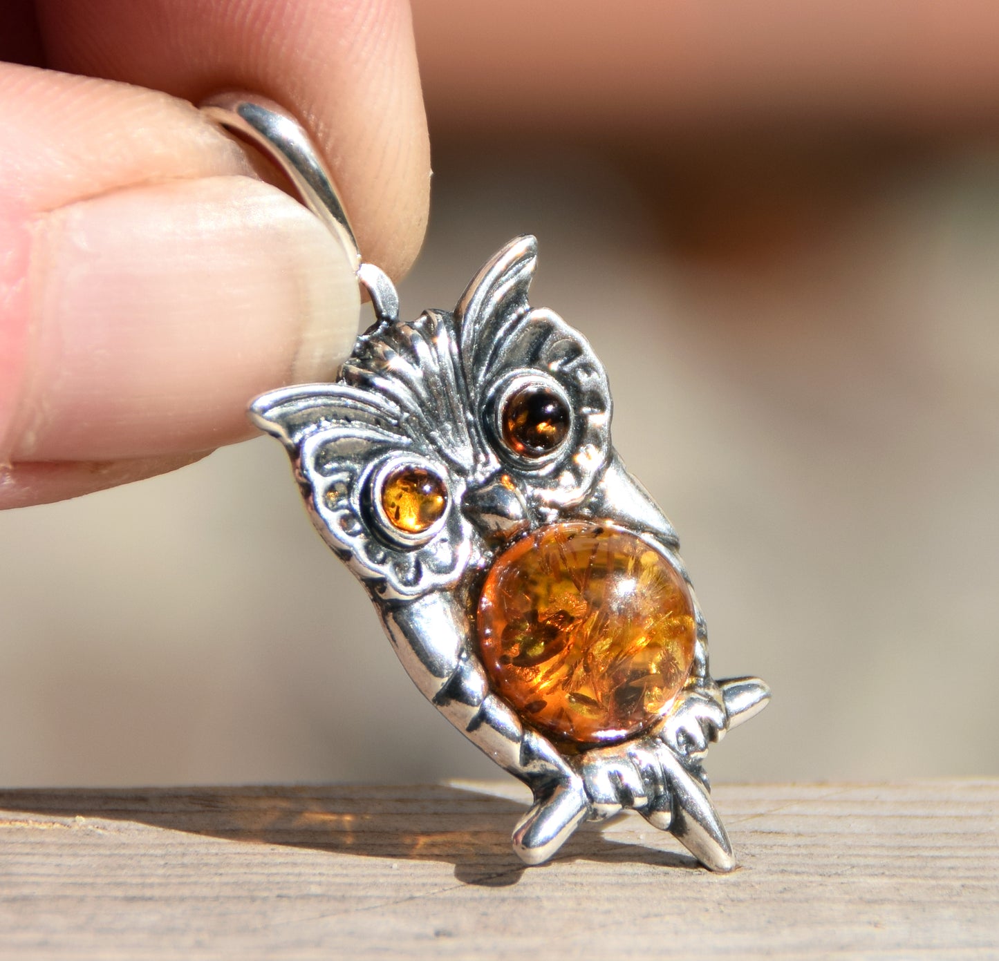 Lucky owl pendant in cognac-colored natural Amber and 925 Sterling Silver, MJ Baltica, BW177