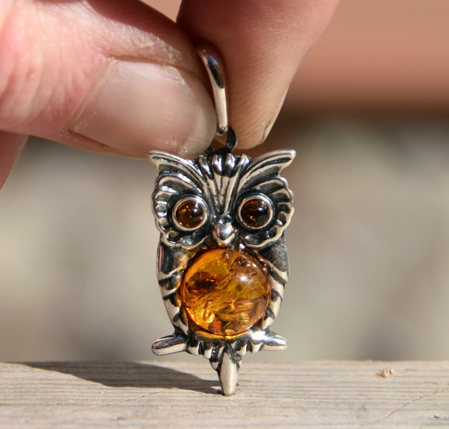Lucky owl pendant in cognac-colored natural Amber and 925 Sterling Silver, MJ Baltica, BW177