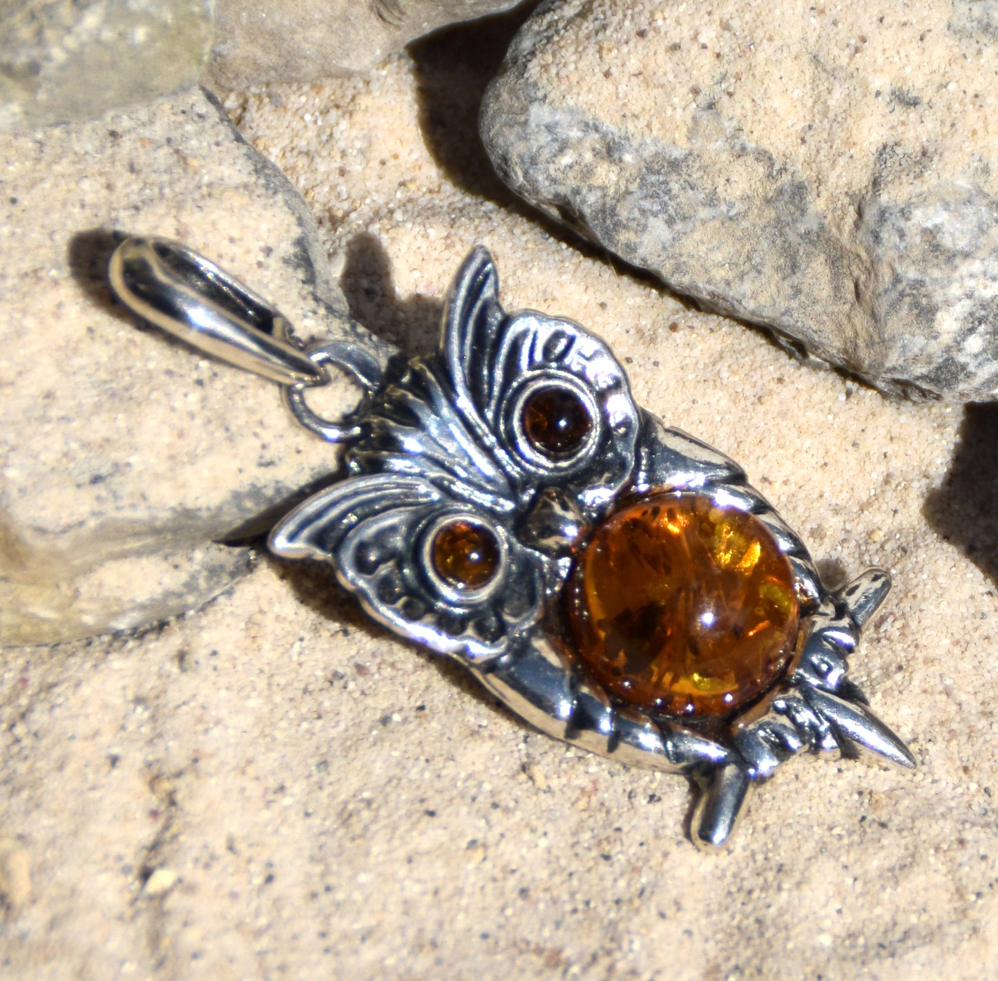 Lucky owl pendant in cognac-colored natural Amber and 925 Sterling Silver, MJ Baltica, BW177