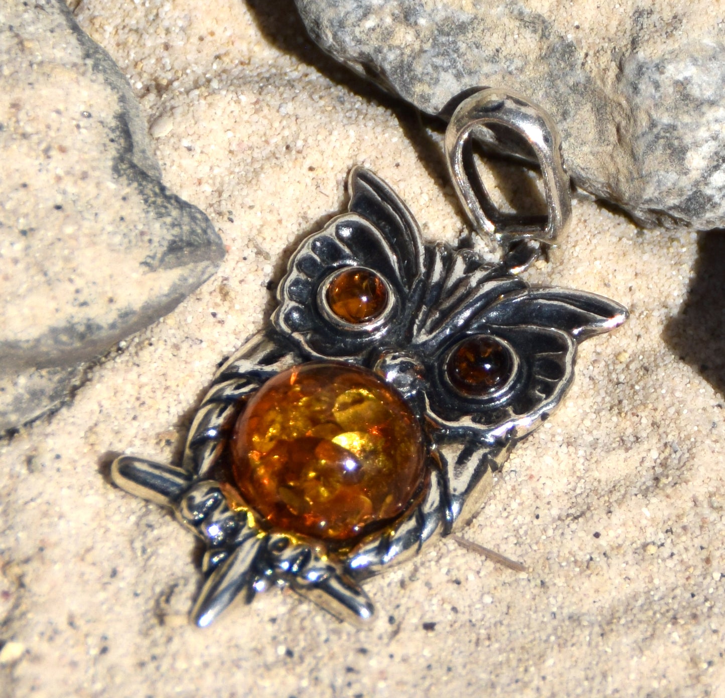 Lucky owl pendant in cognac-colored natural Amber and 925 Sterling Silver, MJ Baltica, BW177