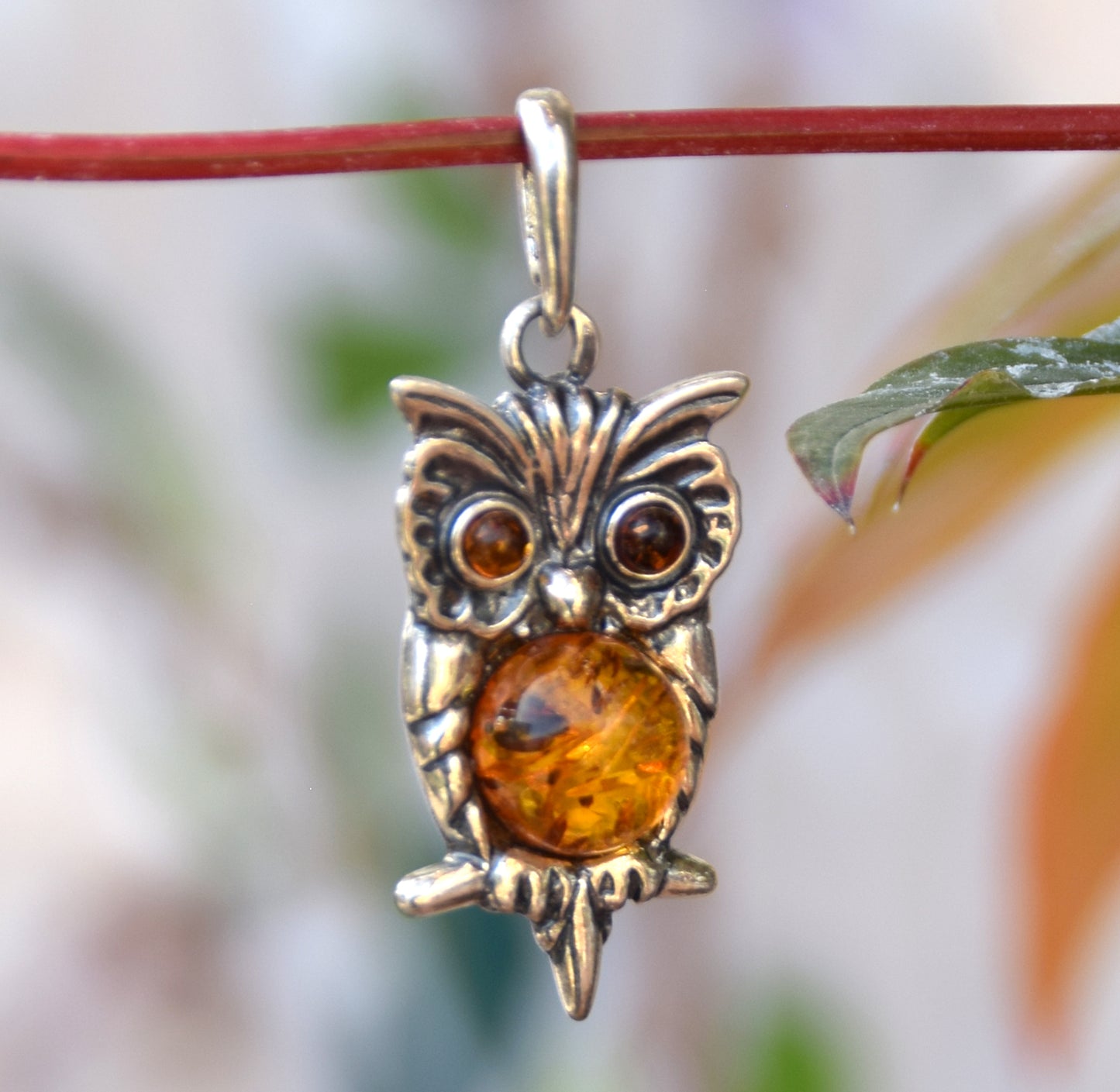 Lucky owl pendant in cognac-colored natural Amber and 925 Sterling Silver, MJ Baltica, BW177