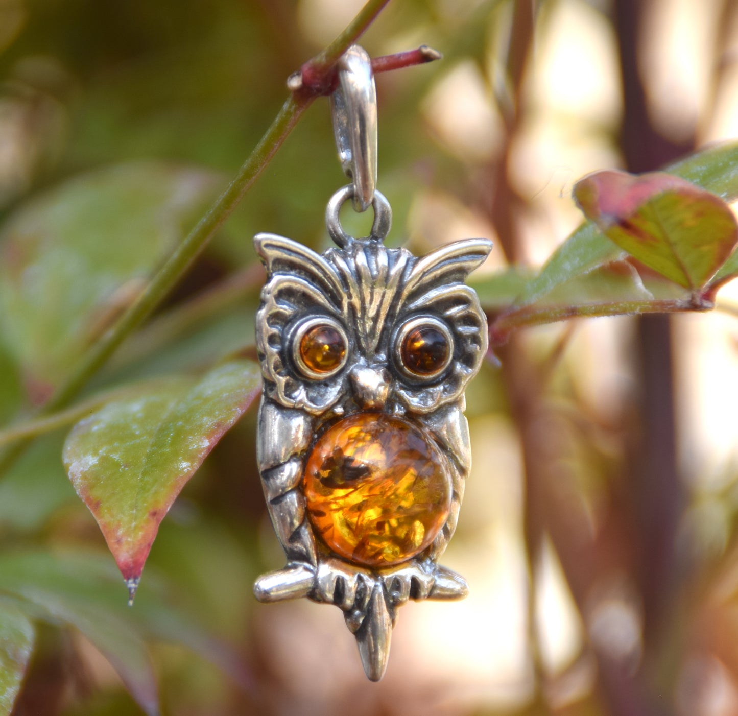 Lucky owl pendant in cognac-colored natural Amber and 925 Sterling Silver, MJ Baltica, BW177