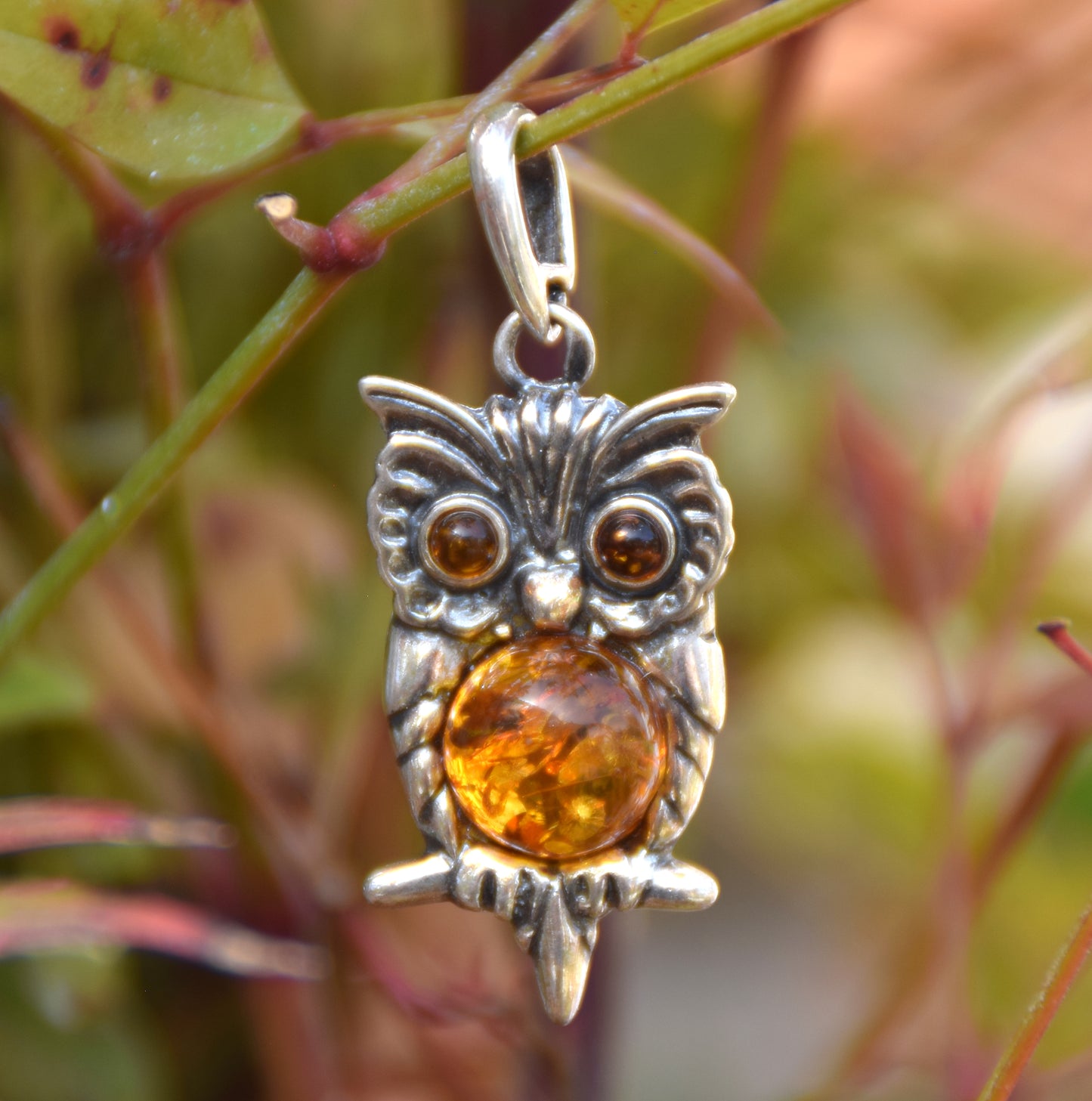 Lucky owl pendant in cognac-colored natural Amber and 925 Sterling Silver, MJ Baltica, BW177
