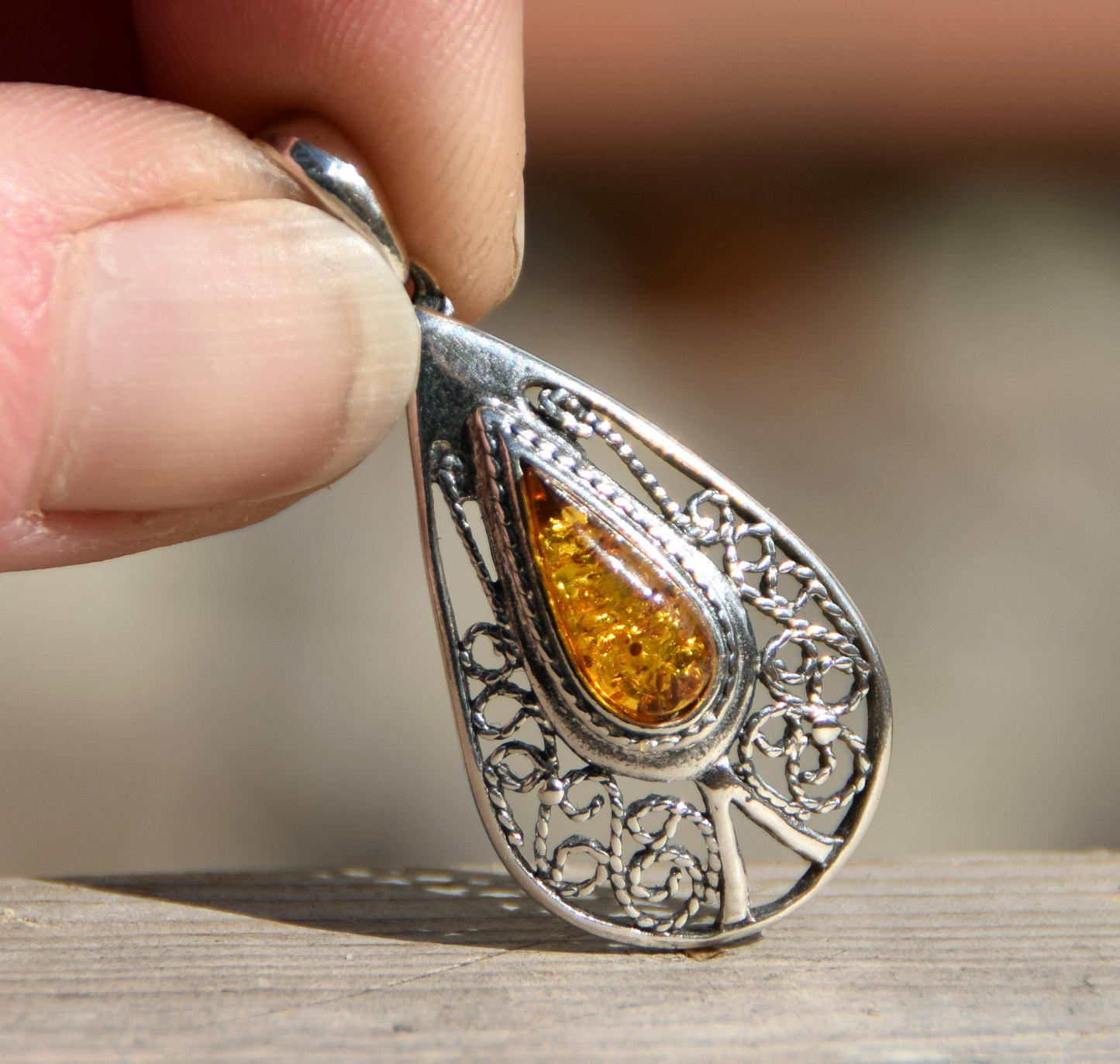 Filigree style drop pendant in natural cognac Amber and 925 Sterling Silver, MJ Baltica, BW178