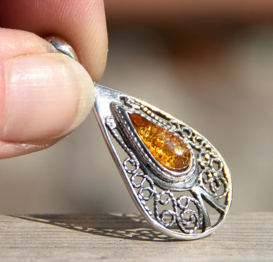 Filigree style drop pendant in natural cognac Amber and 925 Sterling Silver, MJ Baltica, BW178