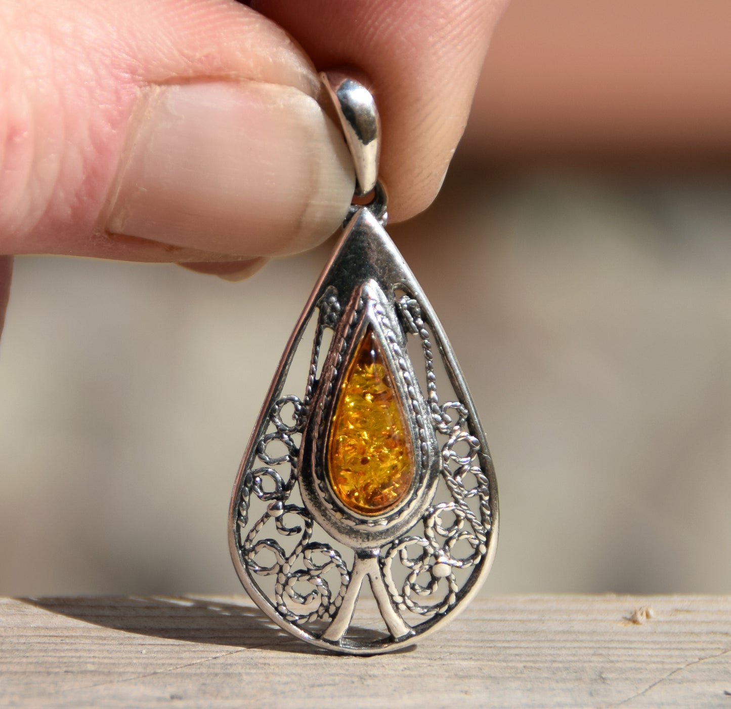 Filigree style drop pendant in natural cognac Amber and 925 Sterling Silver, MJ Baltica, BW178