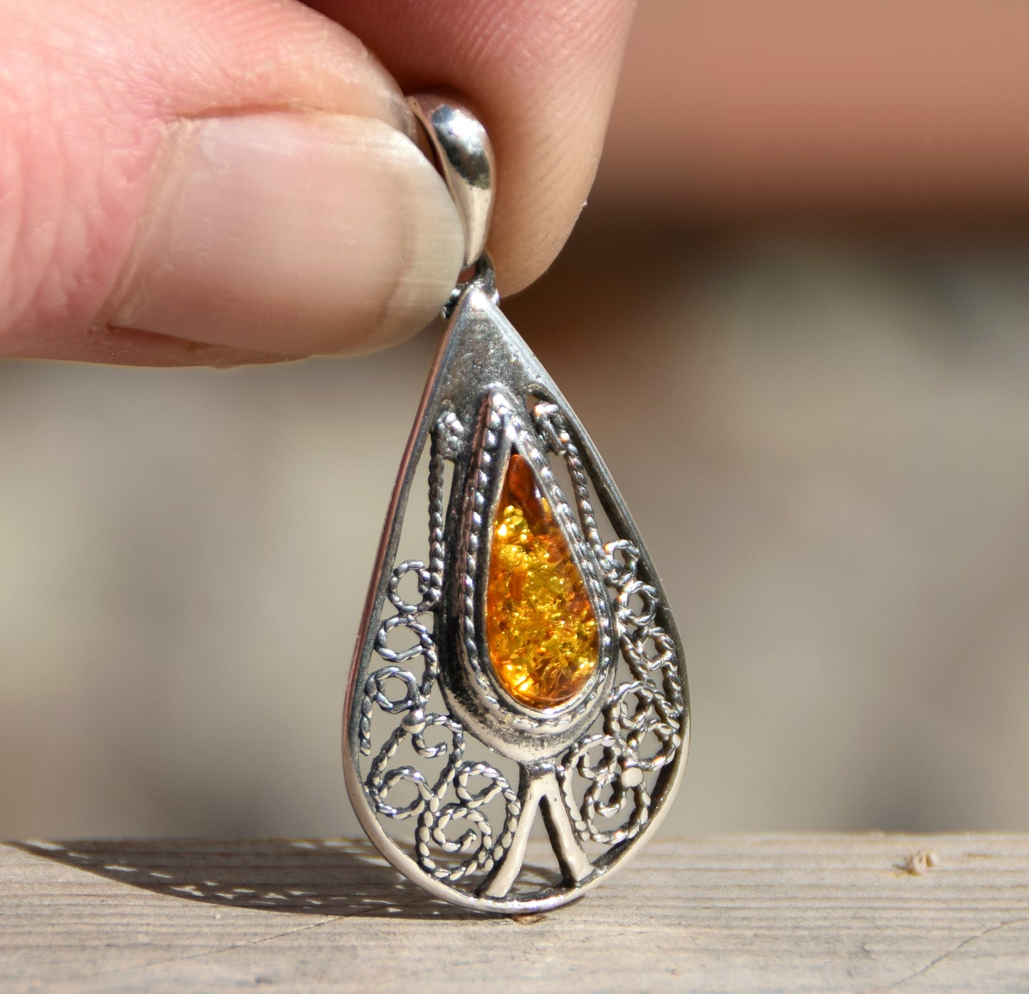 Filigree style drop pendant in natural cognac Amber and 925 Sterling Silver, MJ Baltica, BW178