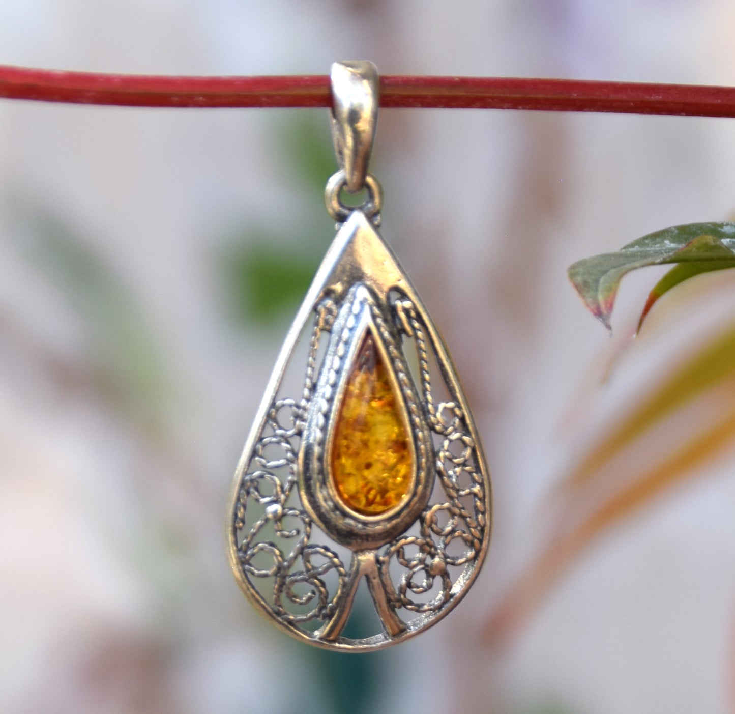 Filigree style drop pendant in natural cognac Amber and 925 Sterling Silver, MJ Baltica, BW178