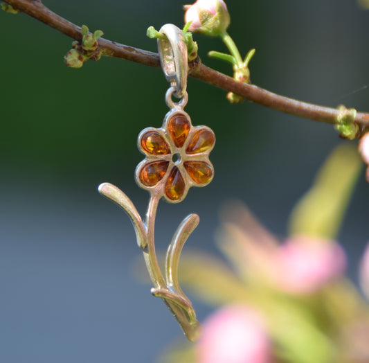 MJ Baltica, ciondolo, Ambra naturale Baltica, Argento 925, fiore, artigianale, delicato, BW182
