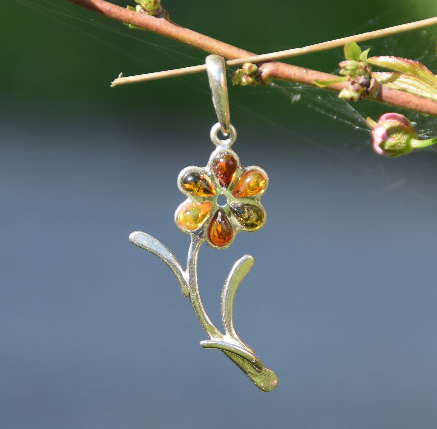 MJ Baltica, ciondolo, Ambra naturale Baltica, Argento 925, fiore, multicolore, artigianale, delicato, BW183