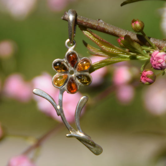 MJ Baltica, ciondolo, Ambra naturale Baltica, Argento 925, fiore, multicolore, artigianale, delicato, BW183