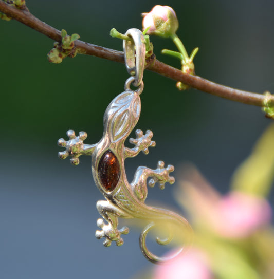 MJ Baltica, ciondolo, Ambra naturale Baltica, Argento 925, geco, lucertola, unisex, artigianale, BW184