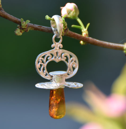 MJ Baltica, ciondolo, Ambra naturale Baltica, Argento 925, ciuccio, ricordo, regalo, artigianale, BW185