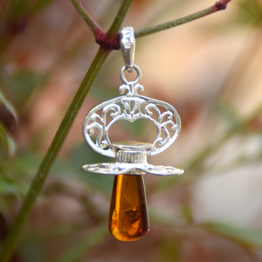 Cognac Amber and Sterling Silver Pacifier Pendant for Maternity Gift, MJ Baltica, BW185