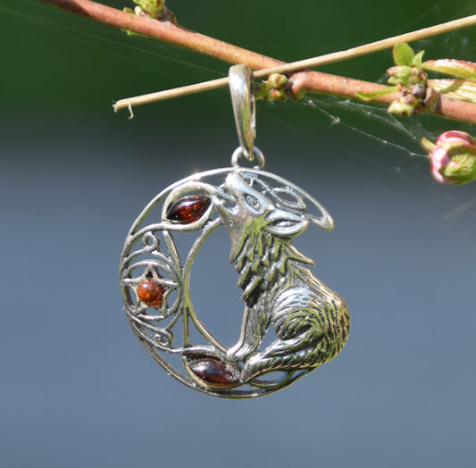 MJ Baltica, ciondolo, Ambra naturale Baltica, Argento 925, lupo, luna, unisex, artigianale, BW187