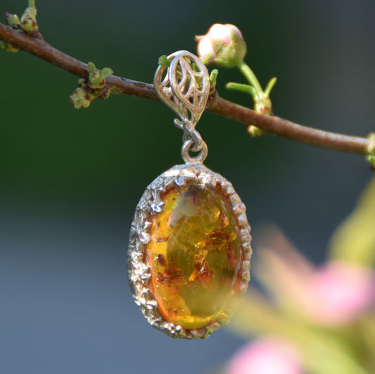MJ Baltica, ciondolo, Ambra naturale Baltica, Argento 925, ovale, fiori, artigianale, BW188
