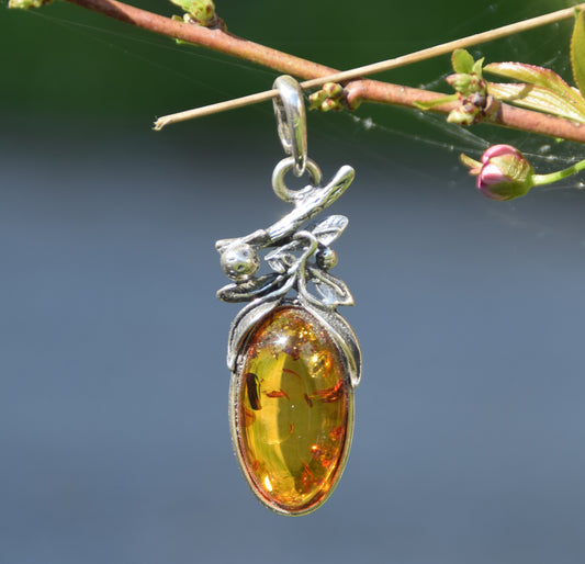 MJ Baltica, ciondolo, Ambra naturale Baltica, Argento 925, ovale, fiori, vintage, artigianale, BW190