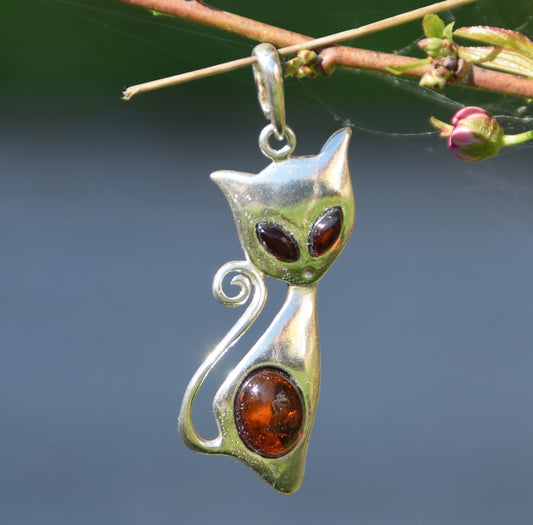 MJ Baltica, ciondolo, Ambra naturale Baltica, Argento 925, gatto, micio, unisex, artigianale, BW191