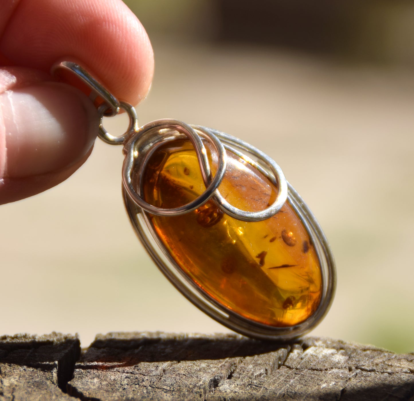 Large oval pendant in natural cognac-colored Amber and Sterling Silver 925, MJ Baltica, BW199
