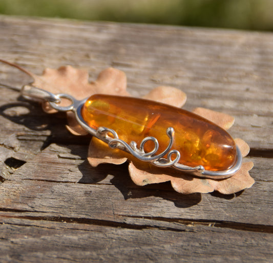 MJ Baltica, ciondolo, Ambra naturale Baltica, Argento 925, grande, unico, artigianale, BW201