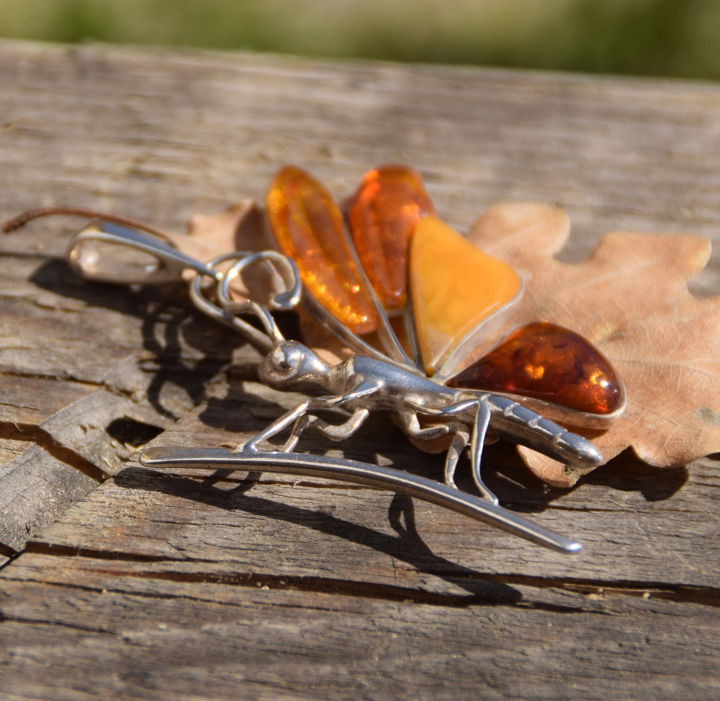 MJ Baltica, ciondolo, Ambra naturale Baltica, Argento 925, farfalla, grande, stupenda, artigianale, BW204