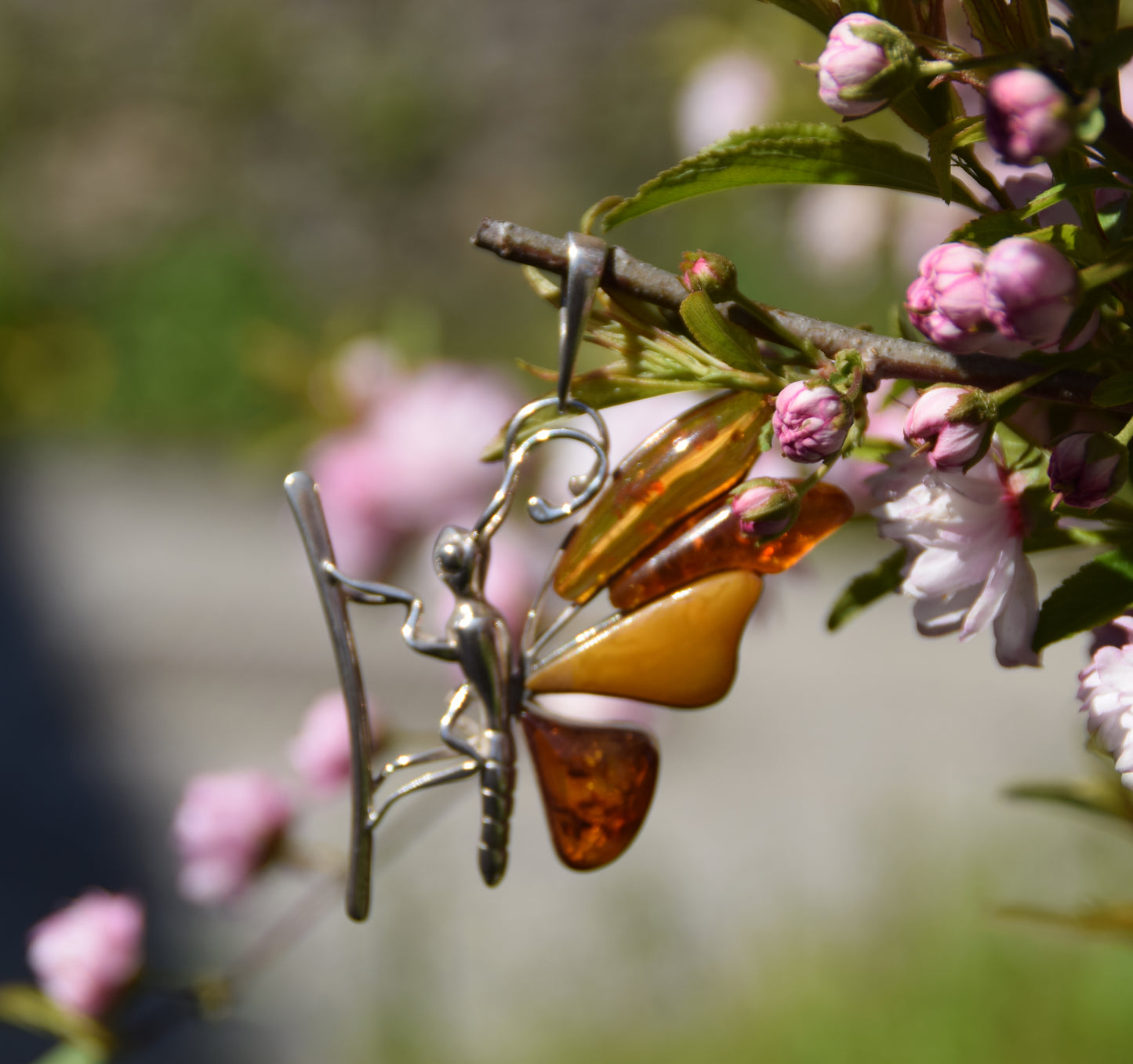 MJ Baltica, ciondolo, Ambra naturale Baltica, Argento 925, farfalla, grande, stupenda, artigianale, BW204