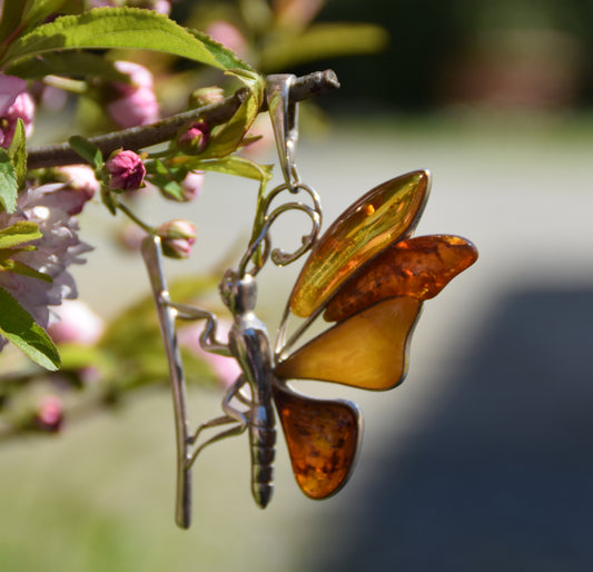 MJ Baltica, ciondolo, Ambra naturale Baltica, Argento 925, farfalla, grande, stupenda, artigianale, BW204