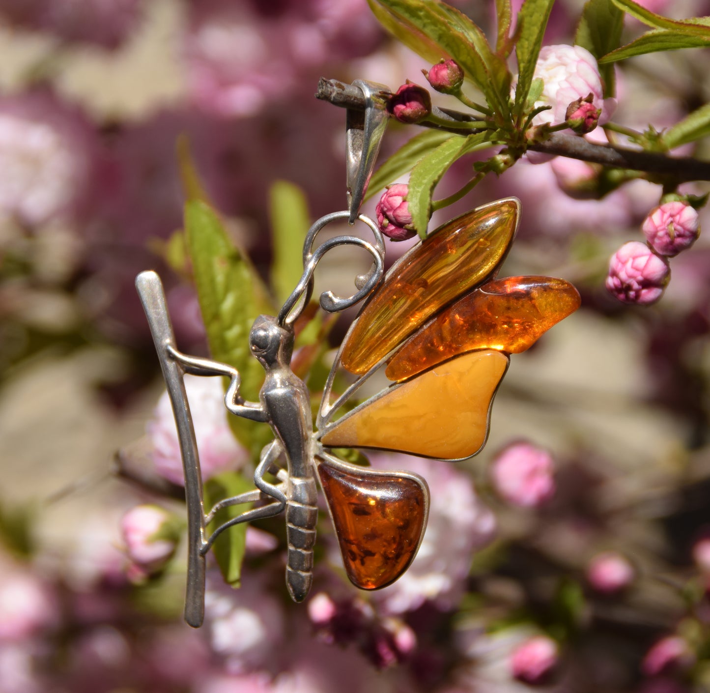 MJ Baltica, ciondolo, Ambra naturale Baltica, Argento 925, farfalla, grande, stupenda, artigianale, BW204