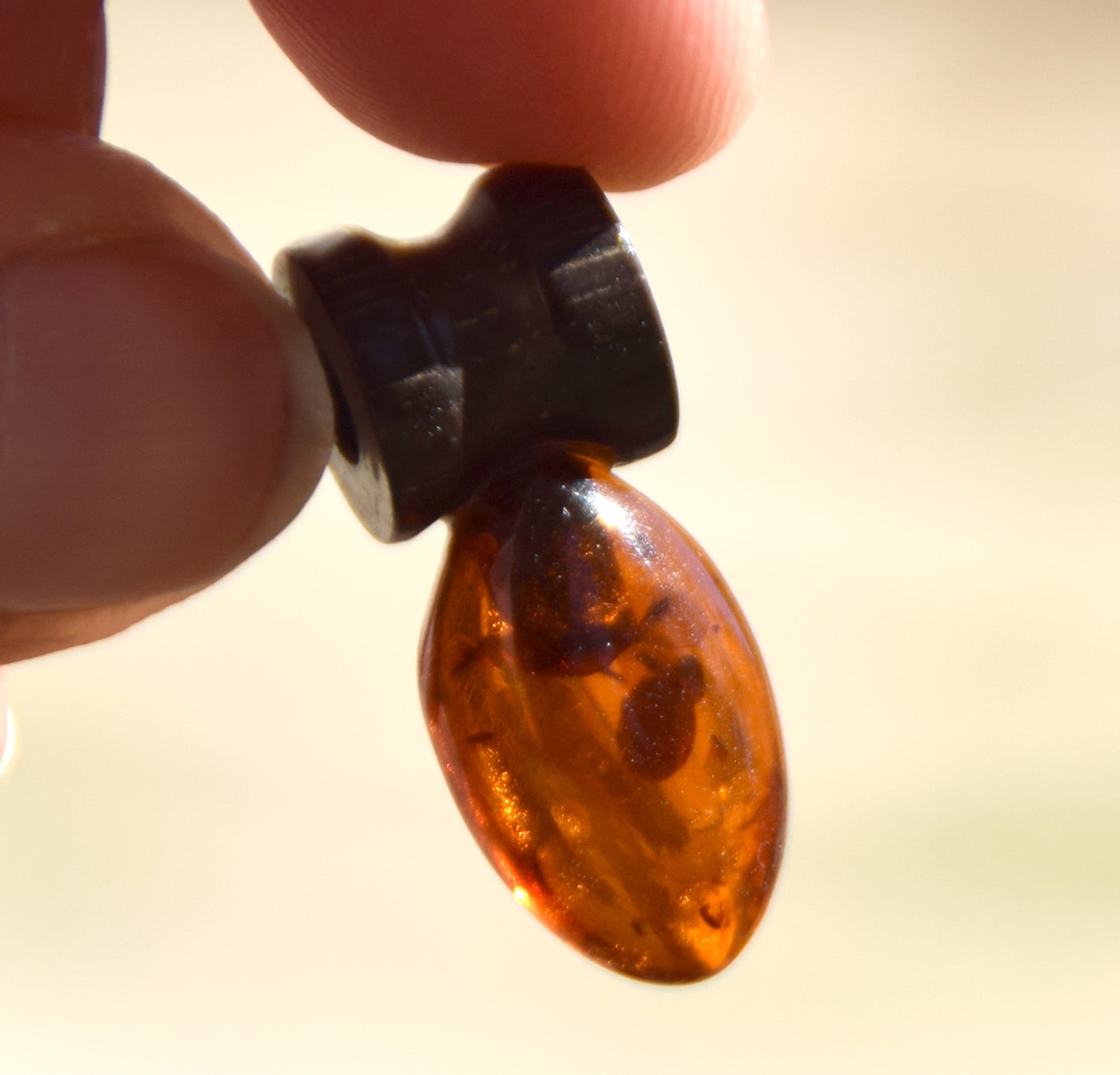 Lightweight oval pendant in natural cognac-colored Amber and mahogany wood, MJ Baltica, BW210