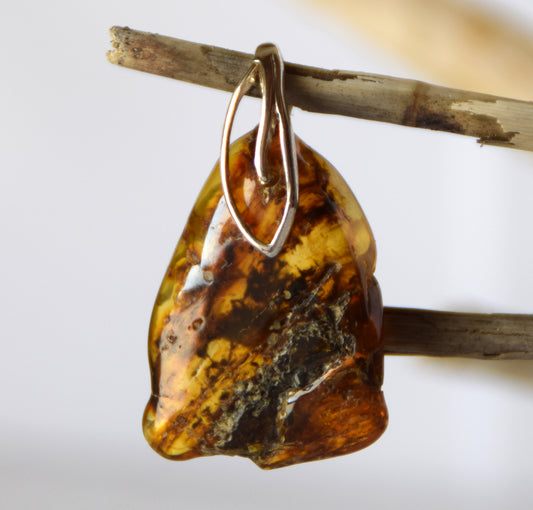 Cognac transparent natural amber pendant with interesting inclusions and 925 Sterling Silver, MJ Baltica, BW225