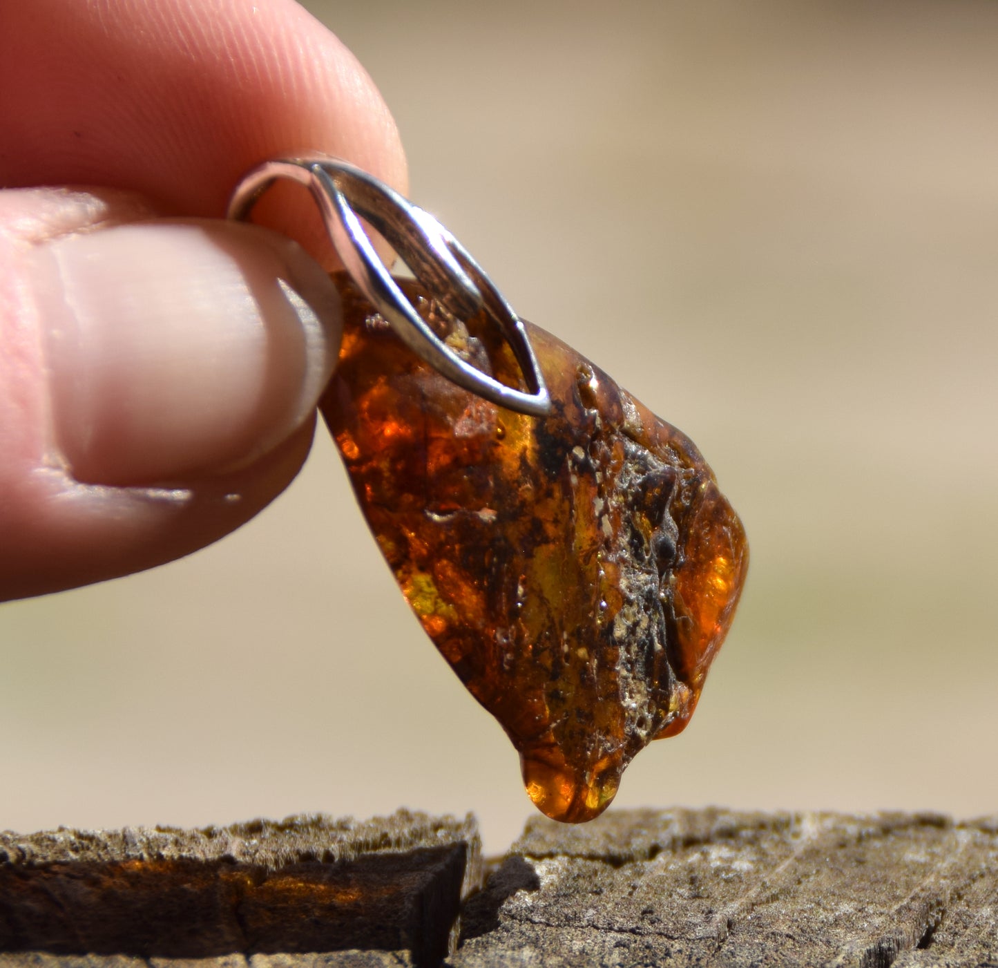 Cognac transparent natural amber pendant with interesting inclusions and 925 Sterling Silver, MJ Baltica, BW225