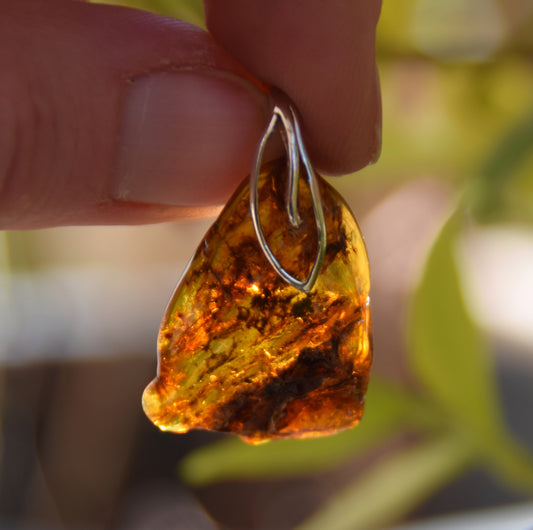 Cognac transparent natural amber pendant with interesting inclusions and 925 Sterling Silver, MJ Baltica, BW225