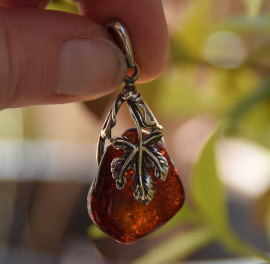 Sterling Silver and Dark Brown Natural Amber Maple Leaf Pendant, MJ Baltica, BW234