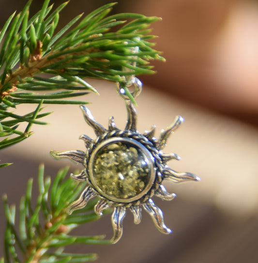 MJ Baltica, ciondolo, Ambra naturale Baltica, Argento 925, sole, artigianale, ambra verde, BW244