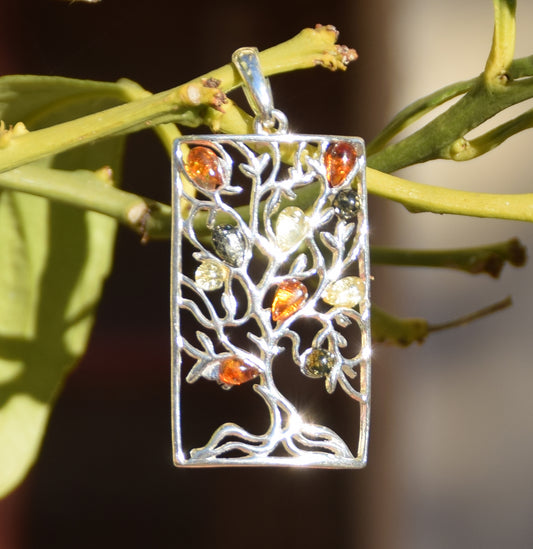 MJ Baltica, ciondolo, Ambra naturale Baltica, Argento 925, albero della vita, multicolore, artigianale, BW245