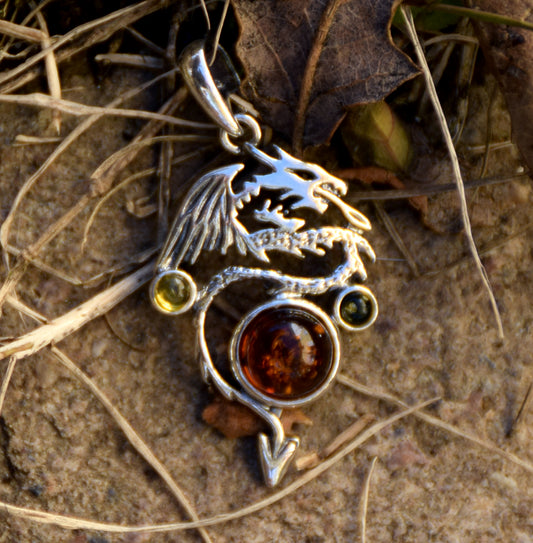 MJ Baltica, ciondolo, Ambra naturale Baltica, Argento 925, drago, multicolore, artigianale, BW246