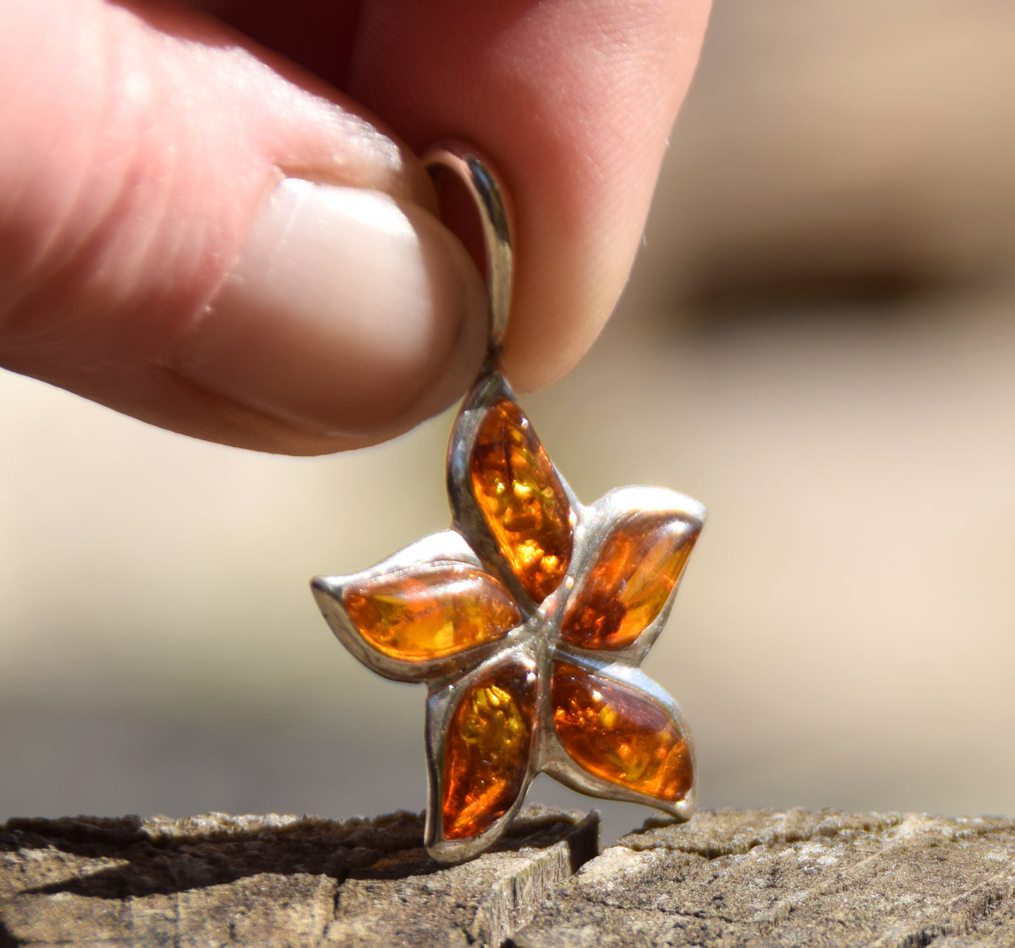 Baltic Natural Amber Flower Pendant, Sterling Silver 925, MJ Baltica, BW255