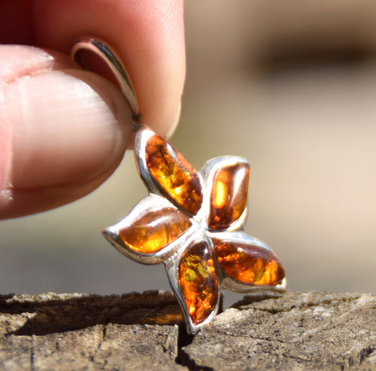 Baltic Natural Amber Flower Pendant, Sterling Silver 925, MJ Baltica, BW255